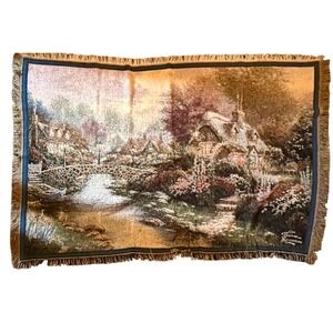 Thomas Kinkade Painter of Light Woven Throw Blanket Cottage Bridge 66x45